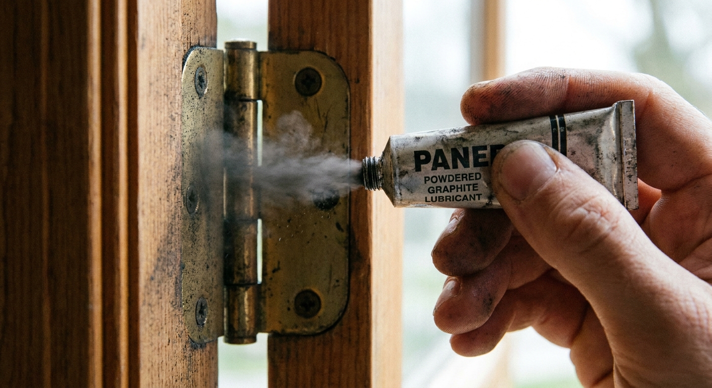 A small tube of powdered graphite being applied carefully at the seam of a door hinge knuckle