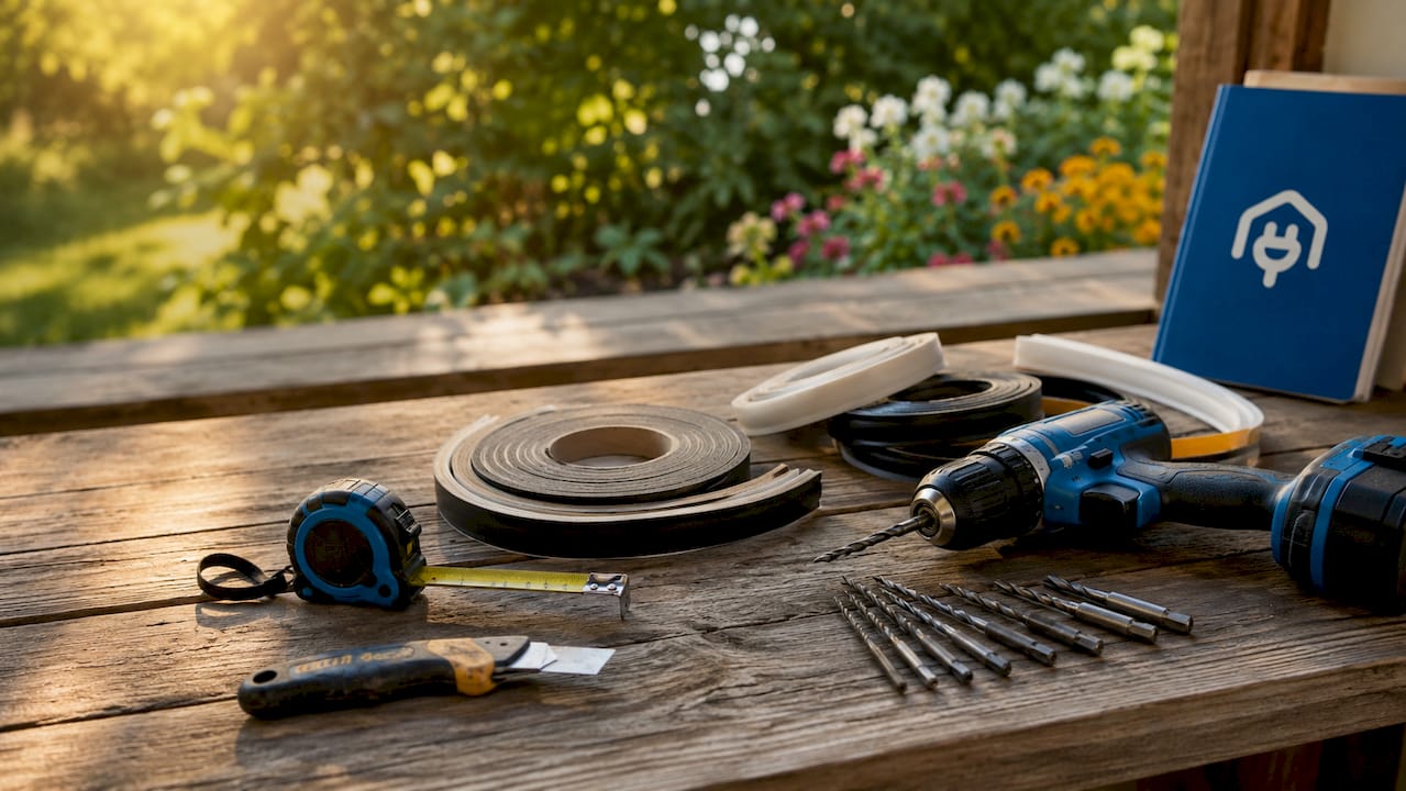 A tape measure, scissors, utility knife, rubbing alcohol, and rolls of weatherstripping laid out on a workbench