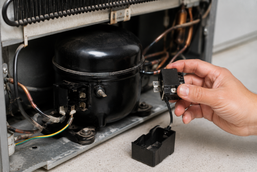 A technician kneeling behind a refrigerator with the rear access panel removed, inspecting the compressor area with a flashlight