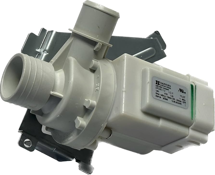 A washing machine drain pump assembly removed from the appliance, showing the plastic housing and electrical connector