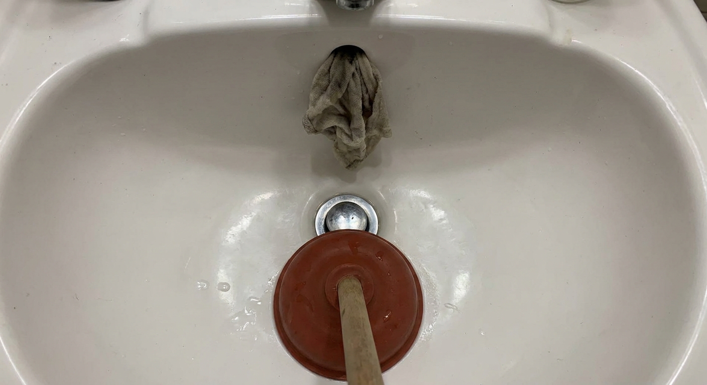 A wet rag stuffed into a bathroom sink overflow opening while a plunger sits centered over the drain