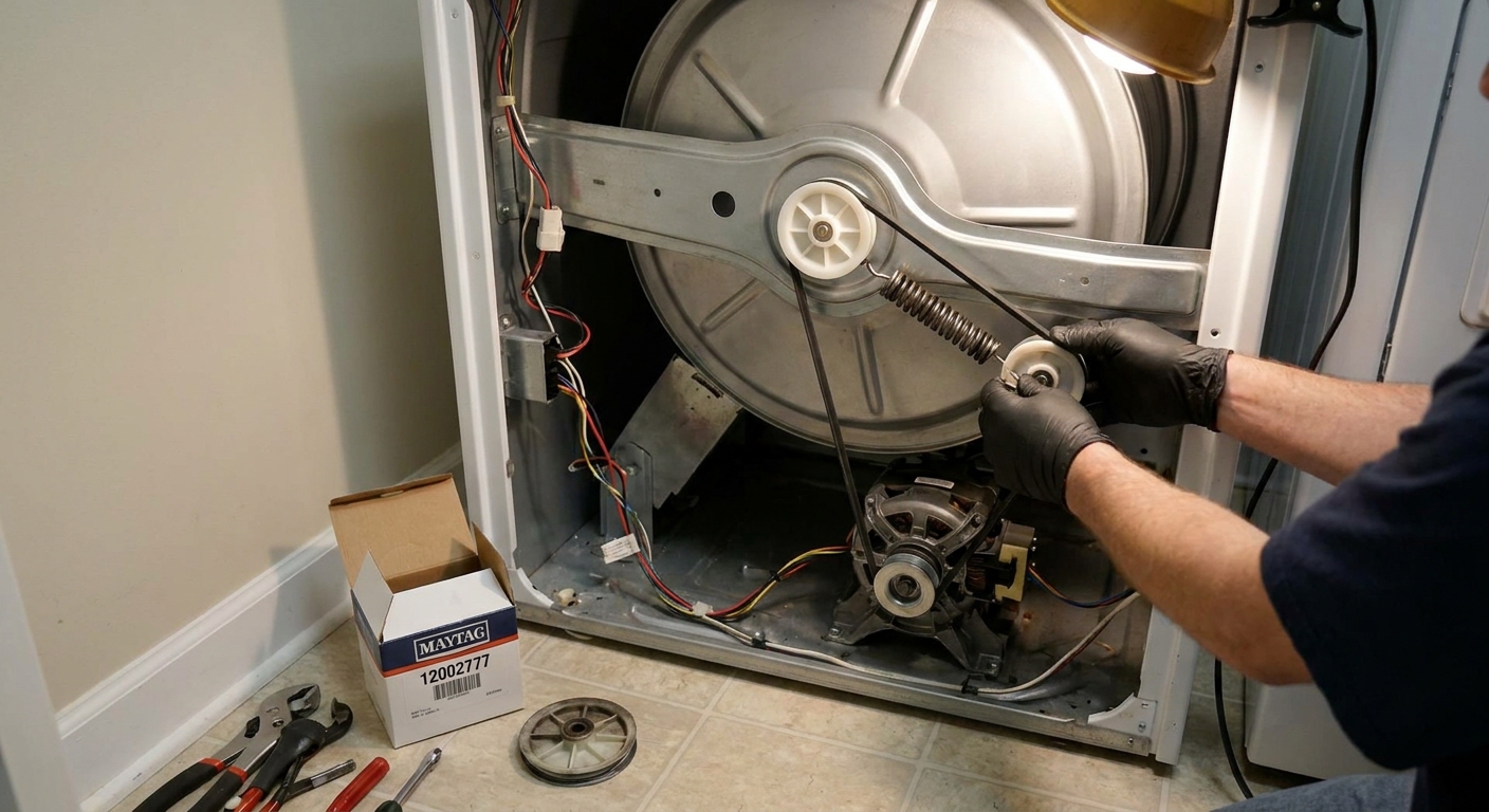 An idler pulley mounted on a spring-loaded arm inside a dryer cabinet during replacement