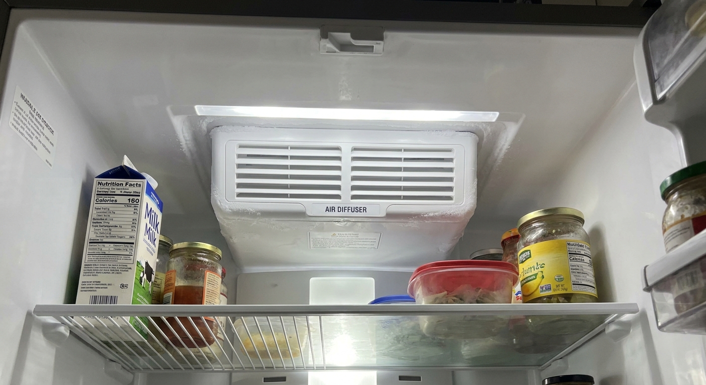 An interior view of a refrigerator compartment showing the air damper or diffuser housing near the upper back wall where cold air enters from the freezer