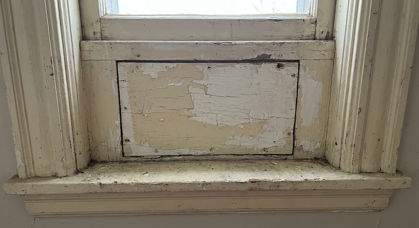 An older wood double-hung window jamb with a small painted access panel for the weight pocket