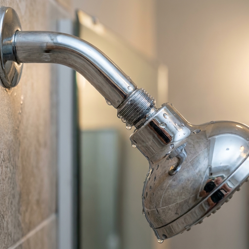 Close-up of a chrome shower arm where it meets the showerhead, with visible water droplets forming around the threaded connection in a bathroom