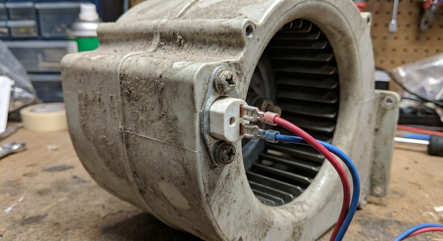 Close-up of a dryer blower housing with a small white thermal fuse mounted by two screws and two wire terminals attached