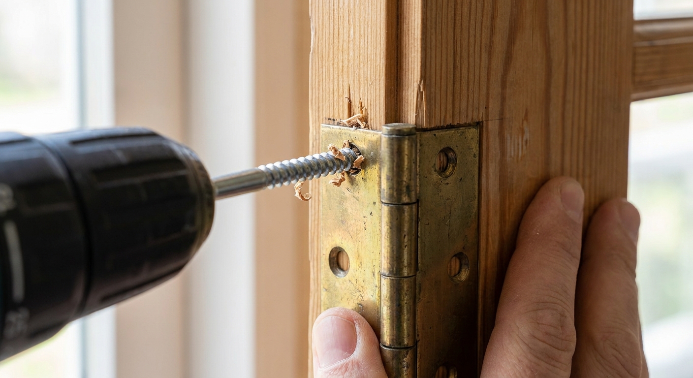 Close-up of a long screw being driven through a door hinge into a wooden door frame, with the hinge leaf held tight to the jamb