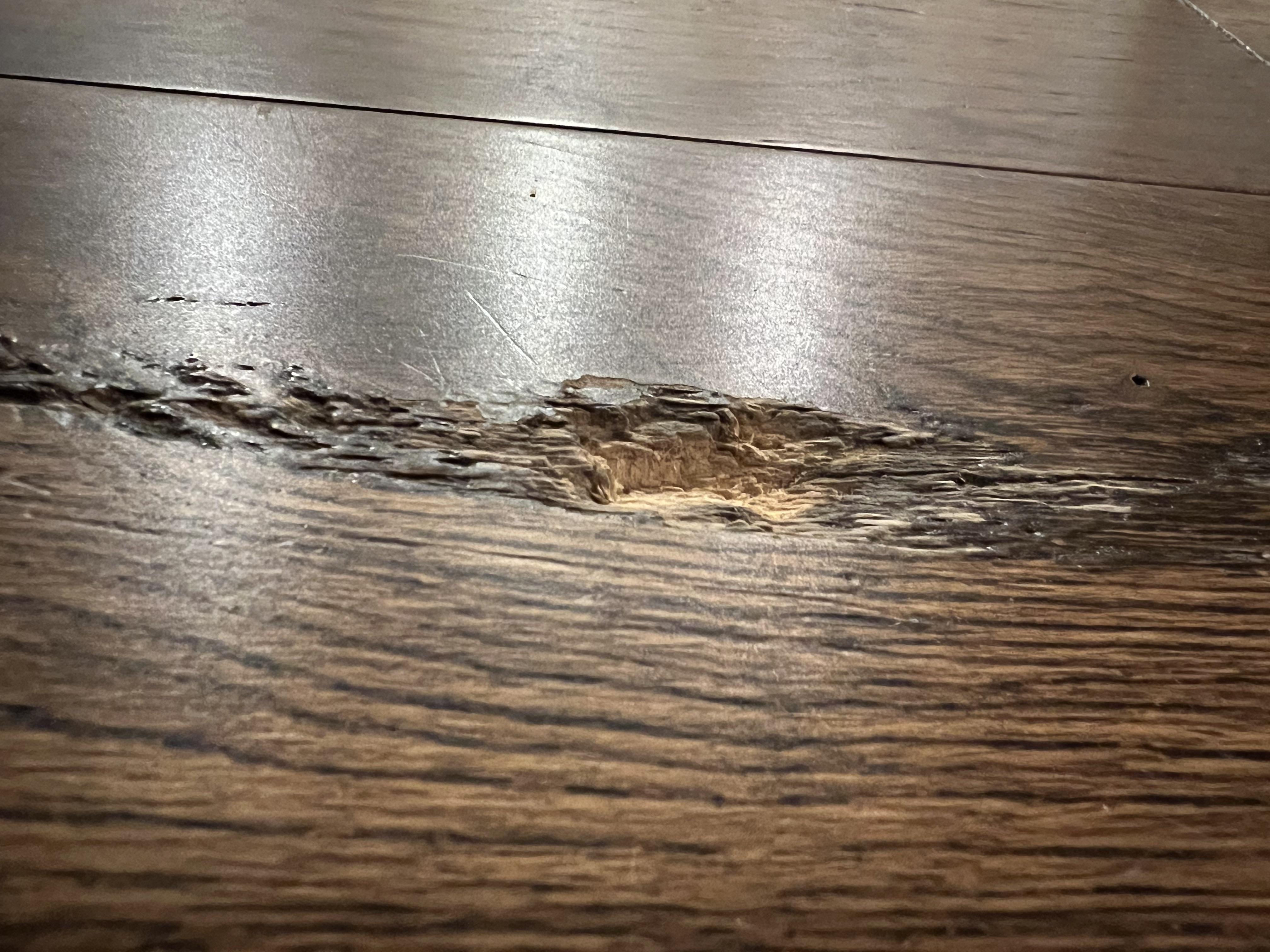 Close-up of a putty knife pressing wood filler into a deep gouge in a hardwood floor board
