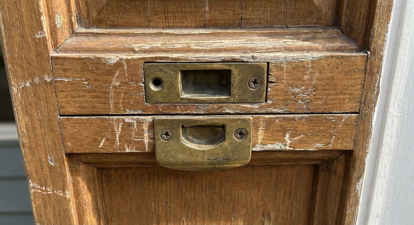 Close-up of an exterior door jamb with a deadbolt strike plate and latch strike plate stacked vertically, showing minor wear marks