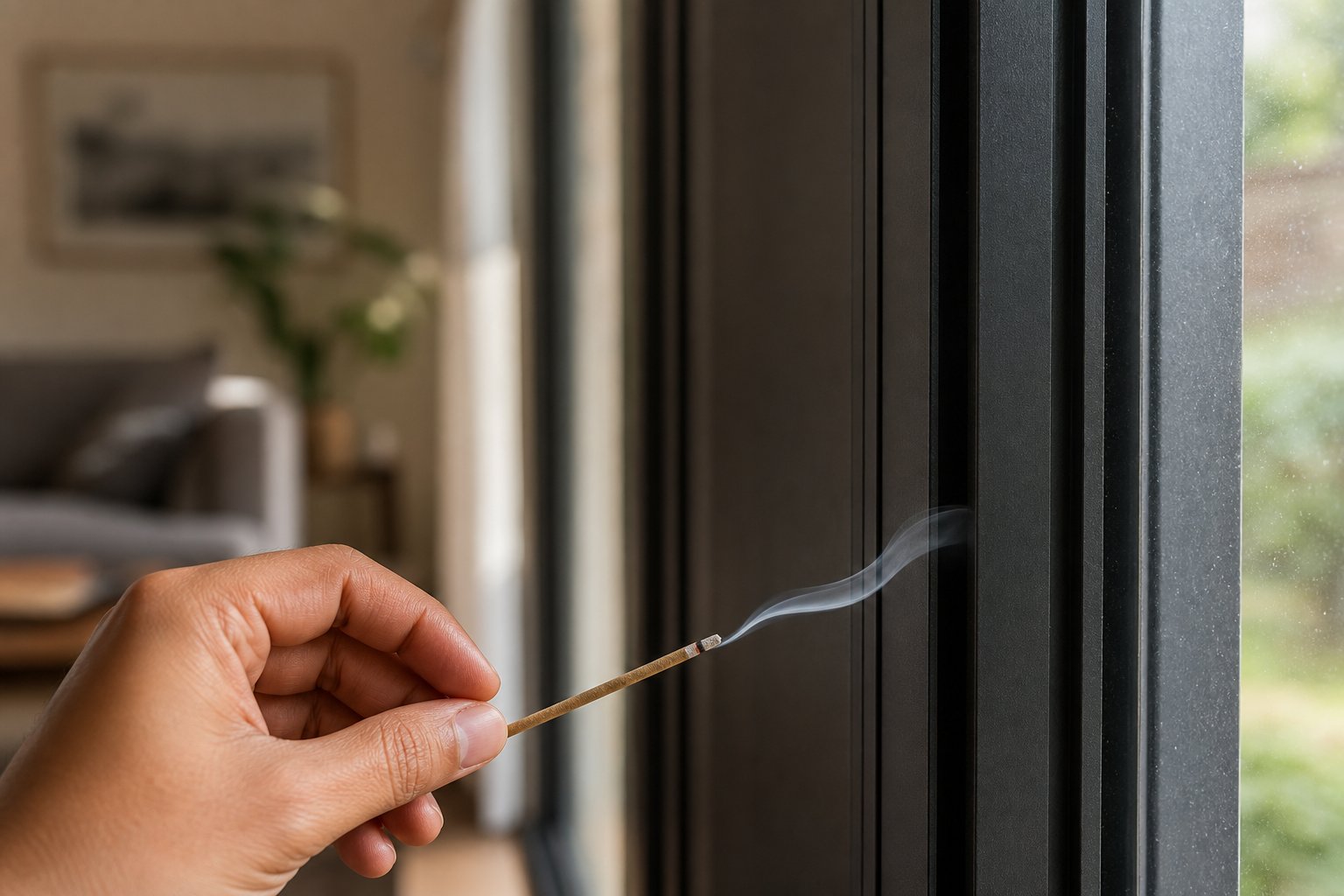 Close-up of incense smoke drifting sideways along the inside edge of a window sash where air is leaking in