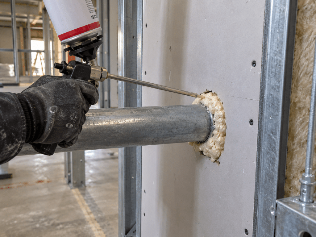 Expanding spray foam being applied around a water pipe where it passes through a basement rim joist