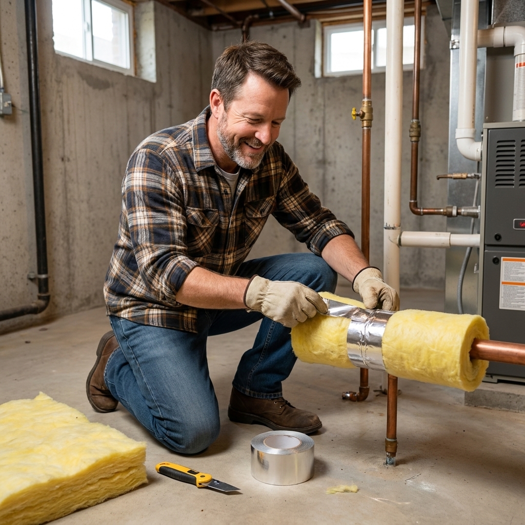 Fiberglass pipe wrap secured around a water pipe with foil tape in a basement mechanical area
