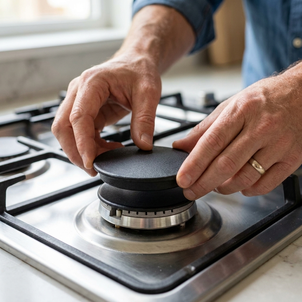 Hands placing a round burner cap onto a gas burner head so it sits level and centered