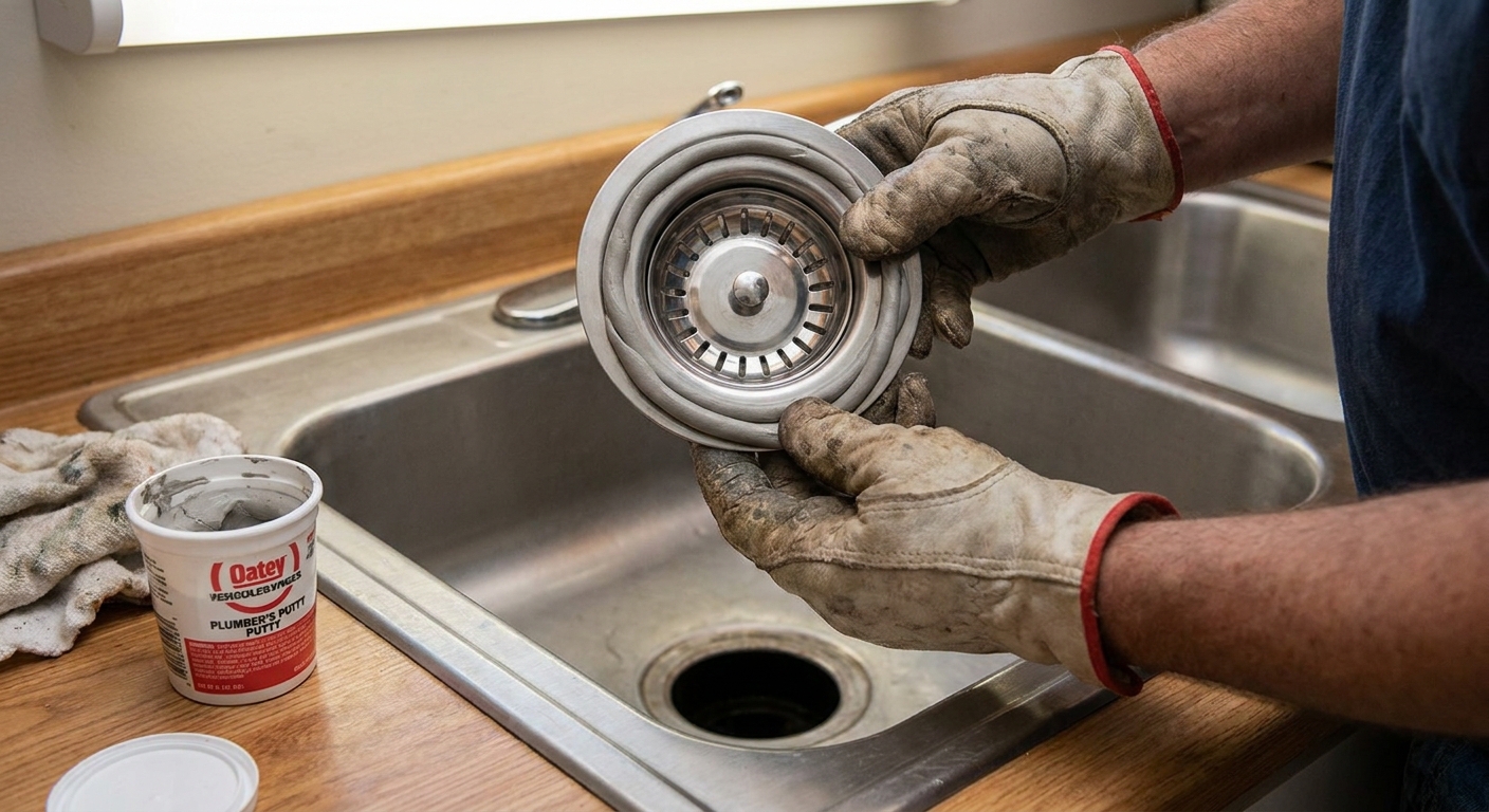 Hands pressing a rolled rope of plumber’s putty around the underside lip of a stainless steel kitchen sink basket strainer before setting it into the sink drain opening