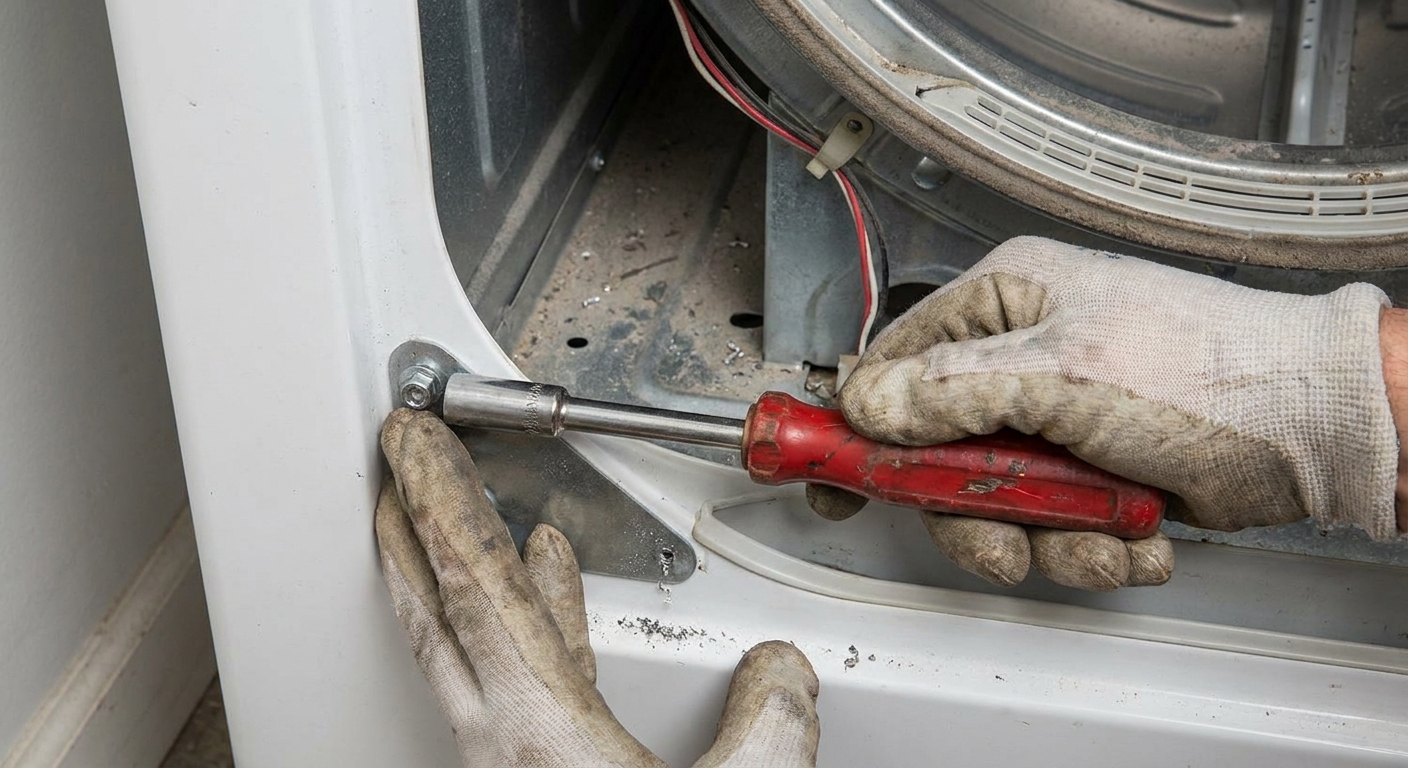 Hands removing a screw from the inside corner of a dryer front panel using a nut driver