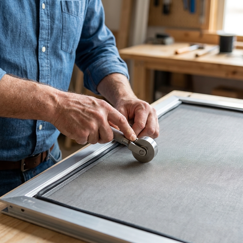 Hands using a spline roller to press rubber spline into the groove of a window screen frame with mesh stretched over it