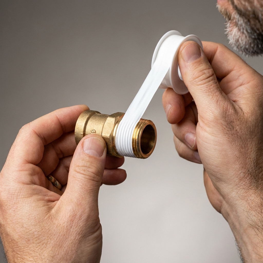 Hands wrapping white PTFE thread seal tape around the male threads of a brass pipe fitting, holding the tape tight and laying it smoothly into the thread grooves