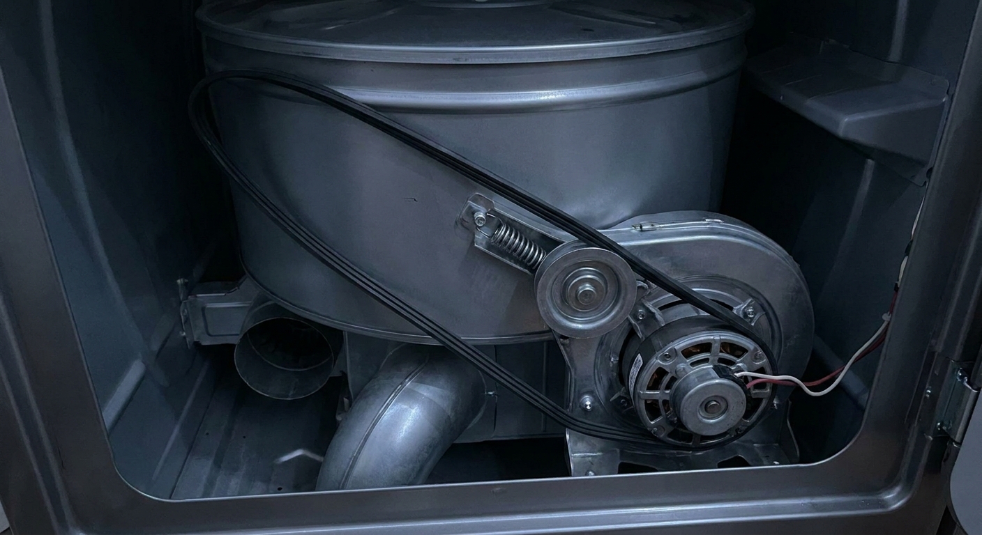Inside a dryer cabinet showing the drive belt around the drum and the idler pulley applying tension near the motor