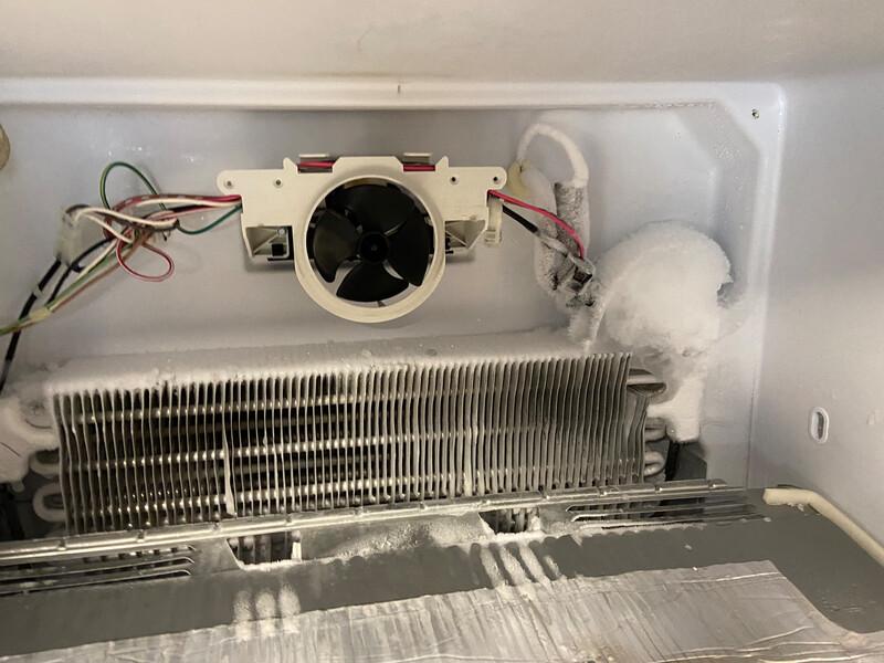 Inside a freezer compartment with the rear interior panel removed, exposing the evaporator fan area and surrounding plastic ductwork