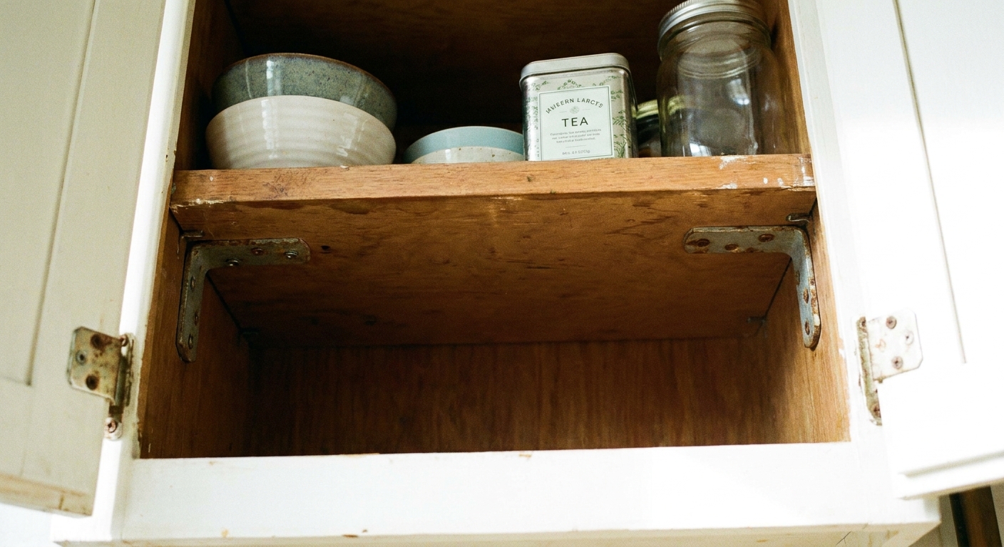 Inside a kitchen cabinet showing two small metal L-brackets installed under a shelf near the side walls, supporting the shelf from underneath