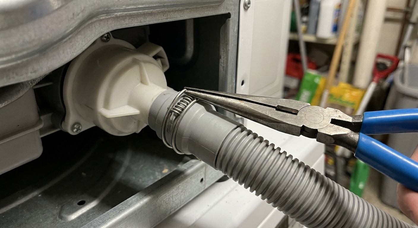 Pliers compressing a spring clamp on a washing machine drain hose connection near the pump area