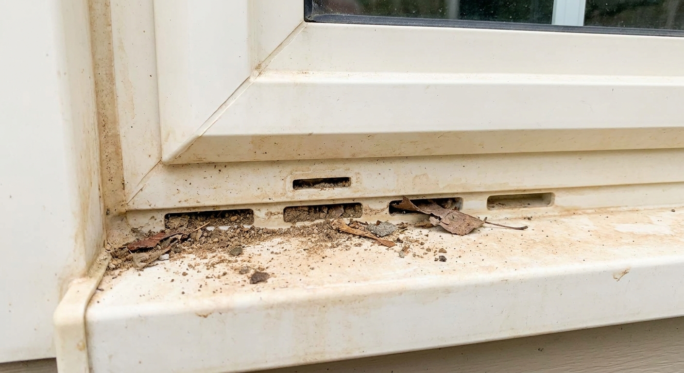 The bottom exterior edge of a vinyl window frame showing small weep holes with light dirt buildup